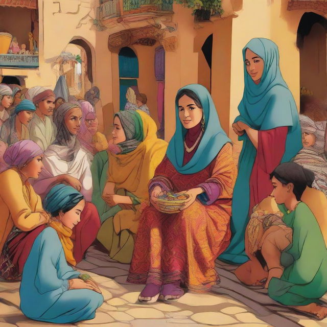 A vibrant cartoon of a Moroccan woman, wearing traditional garments, seated in a bustling village square, captivating a diverse group of people with her enchanting stories. The scene is buzzing with rustic charm and cultural authenticity.