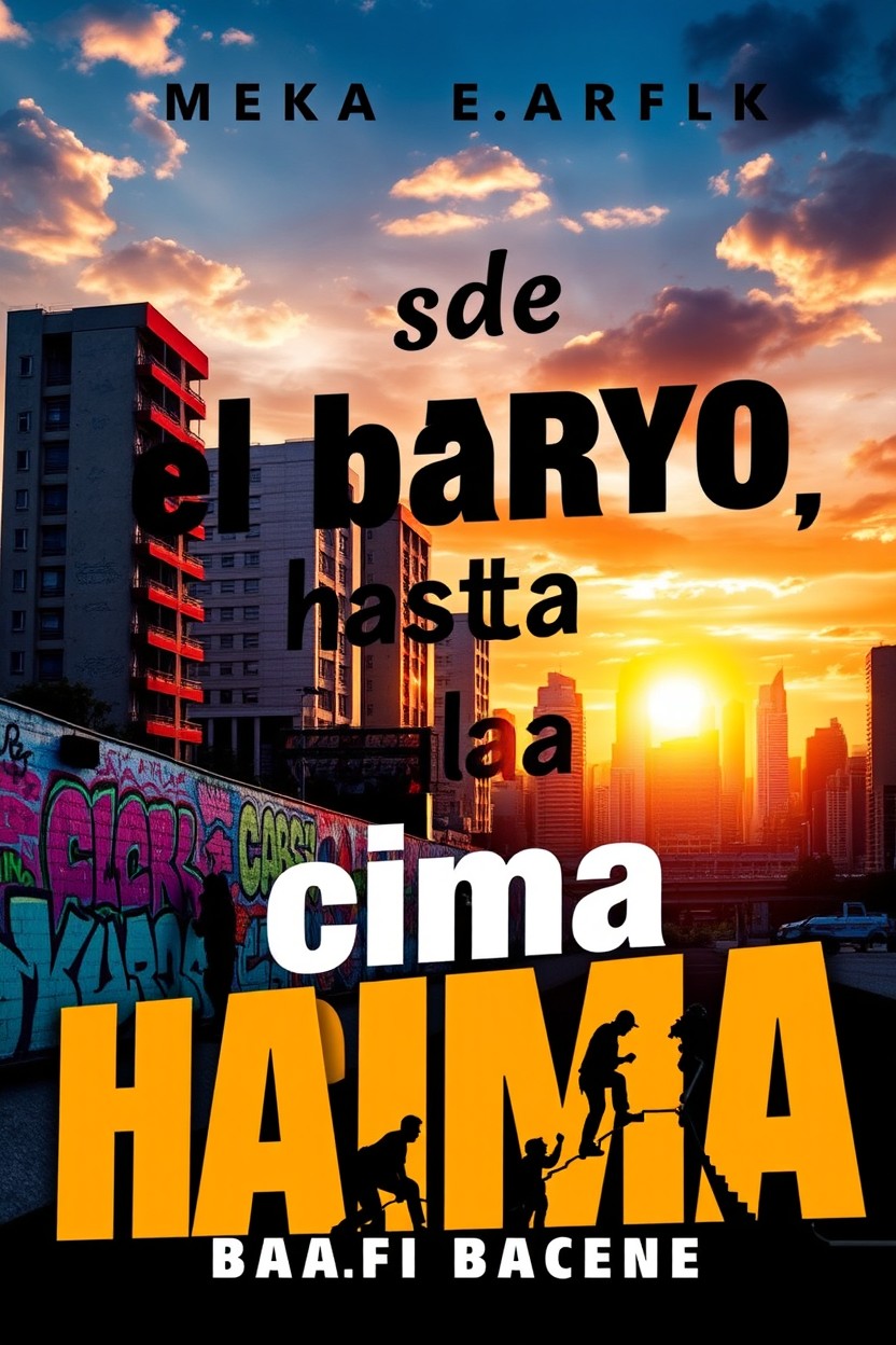 A striking book cover design with the title "Desde el barrio, hasta la cima" prominently displayed in bold, modern typography