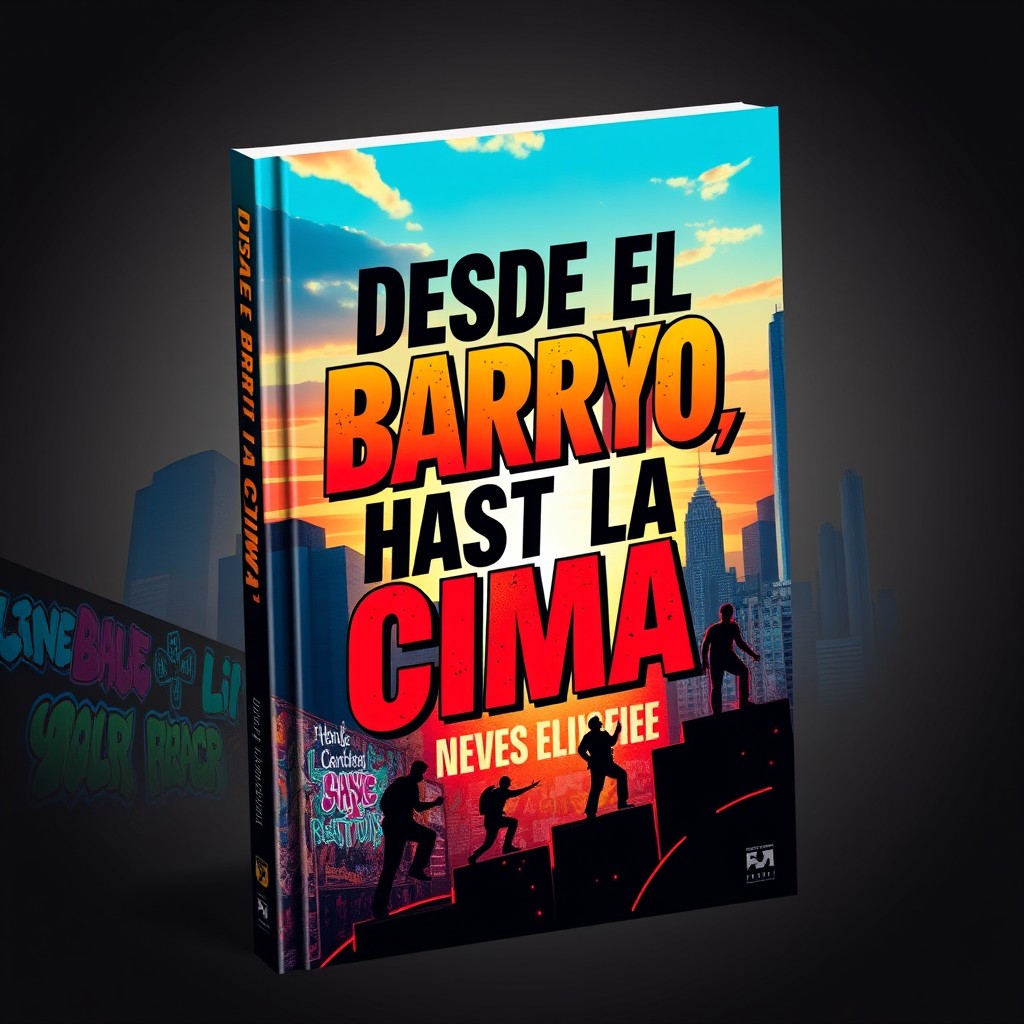 A captivating book cover design featuring the title "Desde el barrio, hasta la cima" in striking, dynamic typography