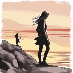 A skillfully drawn image of a girl on a rocky cliff at sunset, viewed from the side, with a man in the distance looking at her, carrying a guitar on his shoulder.