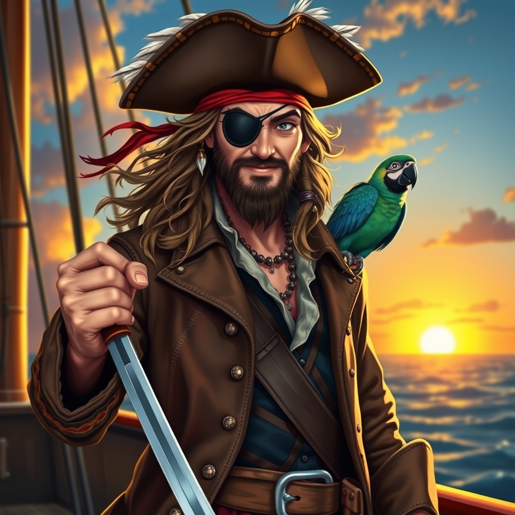 A charismatic pirate with a rugged appearance, wearing a stylish eyepatch to enhance his cool factor