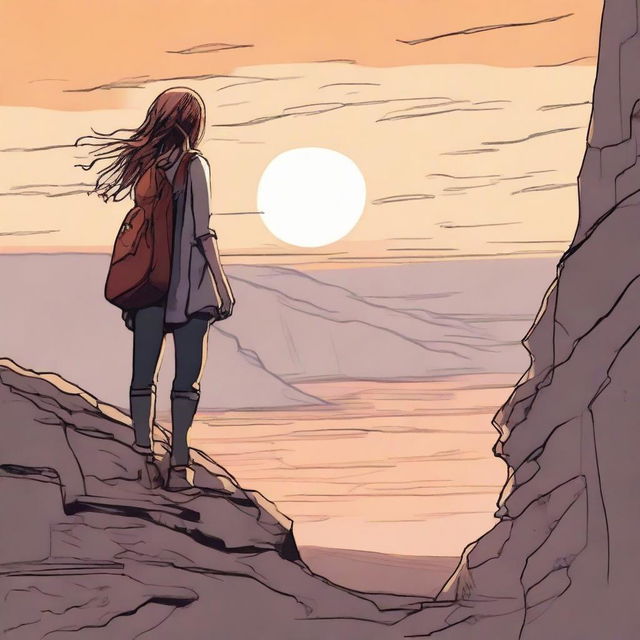 A skillfully drawn image of a girl on a rocky cliff at sunset, viewed from the side, with a man in the distance looking at her, carrying a guitar on his shoulder.