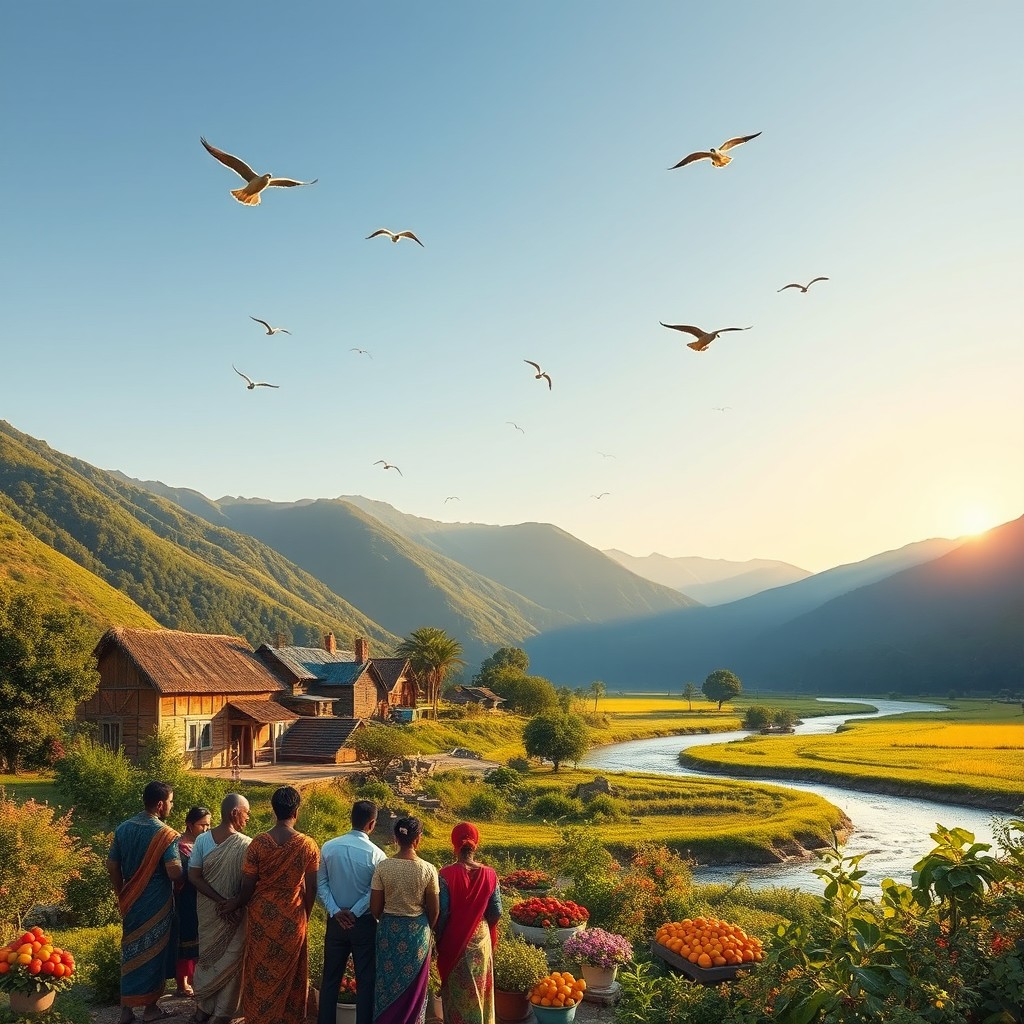 A serene landscape showcasing a peaceful village nestled in a valley surrounded by lush green mountains