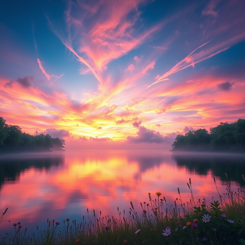 A mesmerizing and dreamy landscape photograph capturing a serene sunset over a tranquil lake