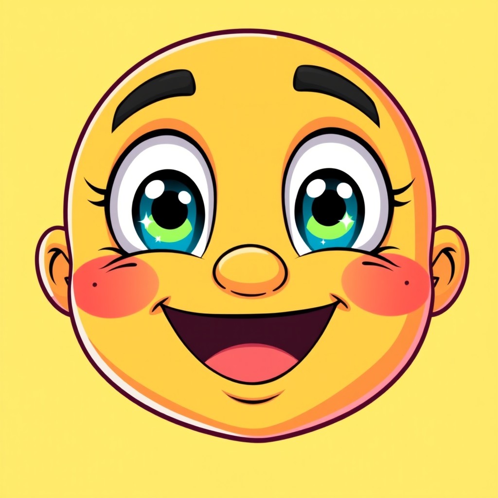 A cartoon-style ultimate superlike reaction face, featuring wide sparkling eyes, an open mouth with a big cheerful smile, blush marks on the cheeks, and vibrant exaggerated expression of excitement and joy