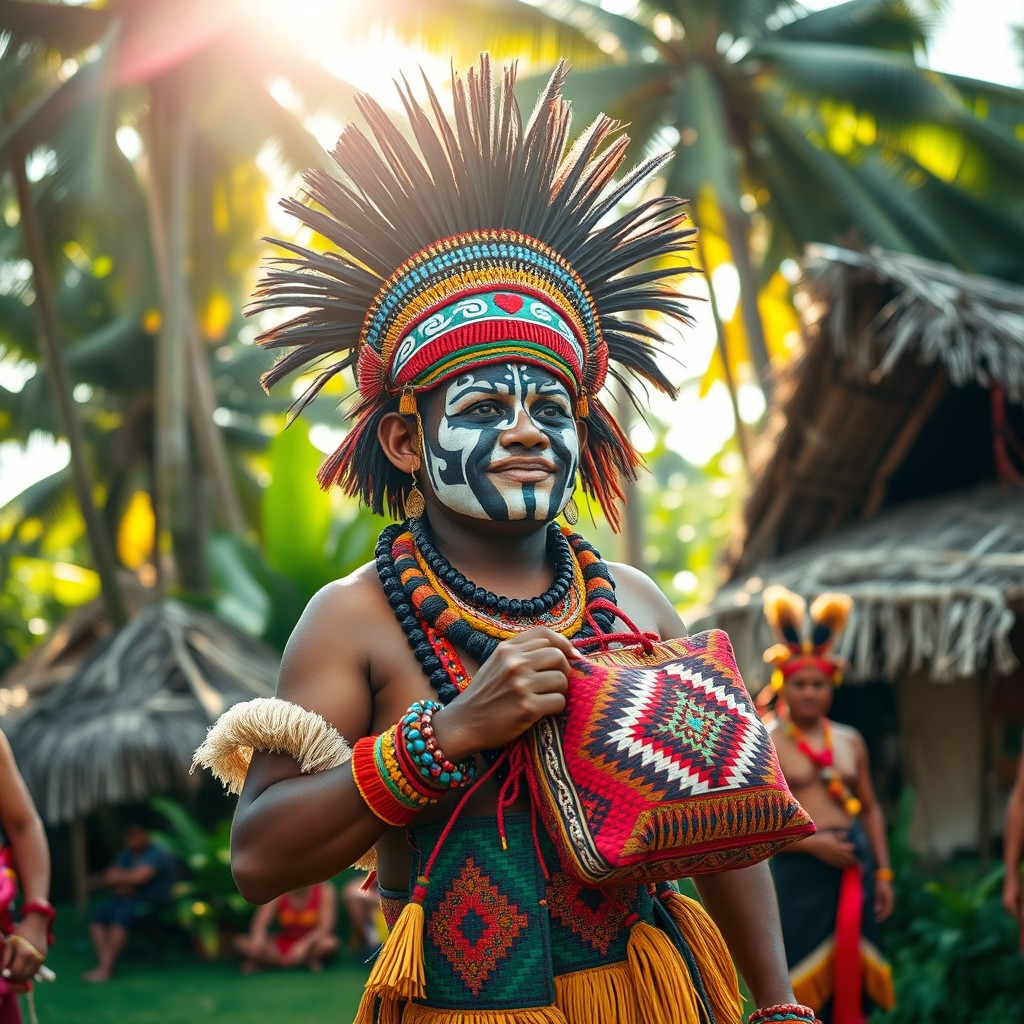 A vibrant scene showcasing a Kubalia Ponieng, a traditional Papua New Guinean figure characterized by intricate tribal face paint and elaborate cultural attire