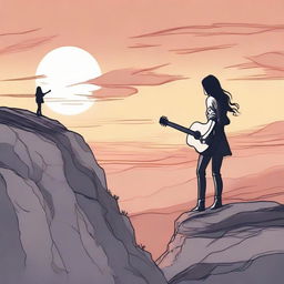 A skillfully drawn image of a girl on a rocky cliff at sunset, viewed from the side, with a man in the distance looking at her, carrying a guitar on his shoulder.