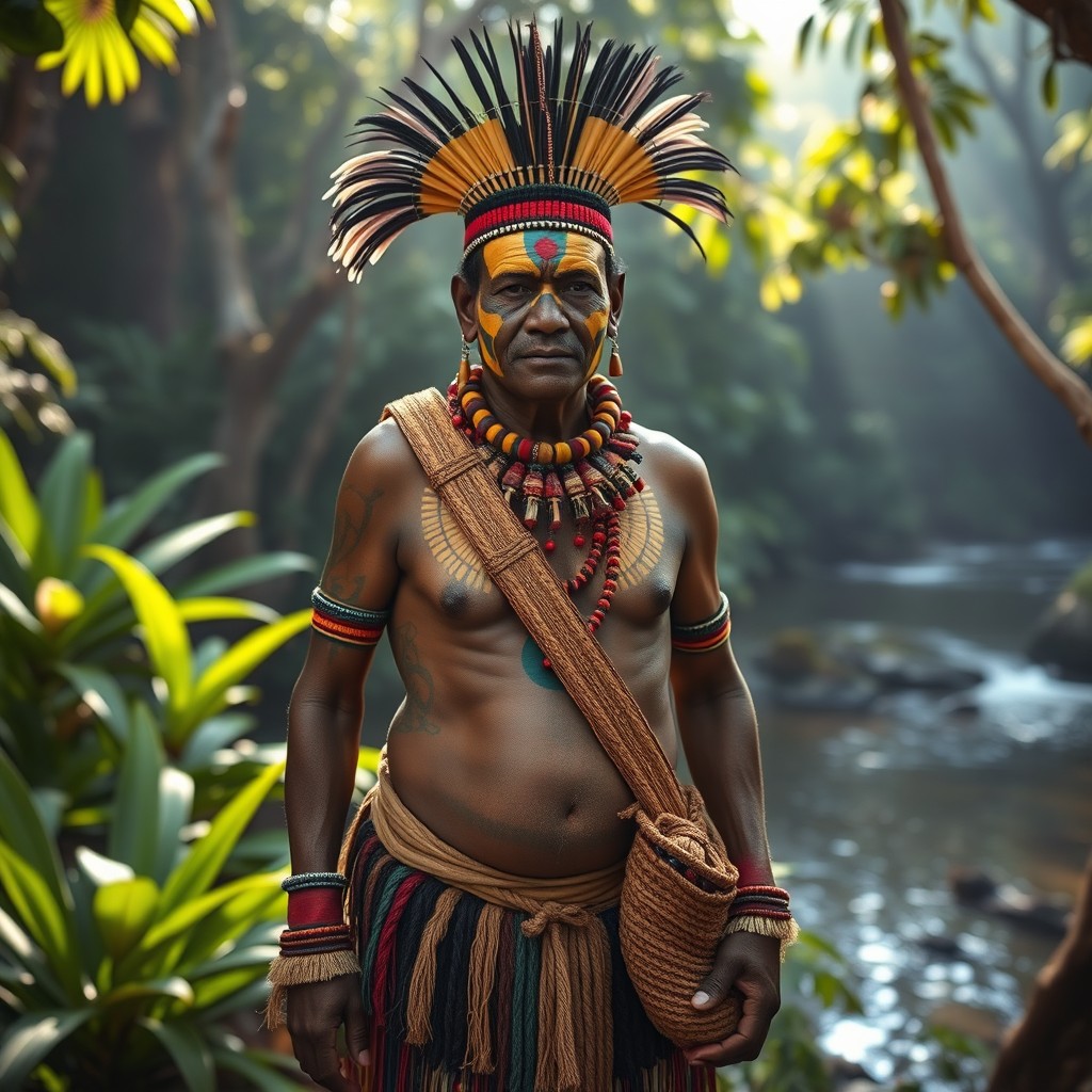 A Kubalia Ponieng, a traditional Papua New Guinea warrior adorned with vibrant tribal body paint and intricate ceremonial attire