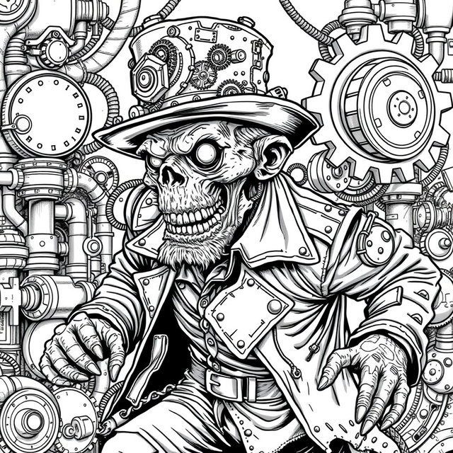 A detailed black and white line art coloring page featuring a steampunk monster old man in a dynamic running pose