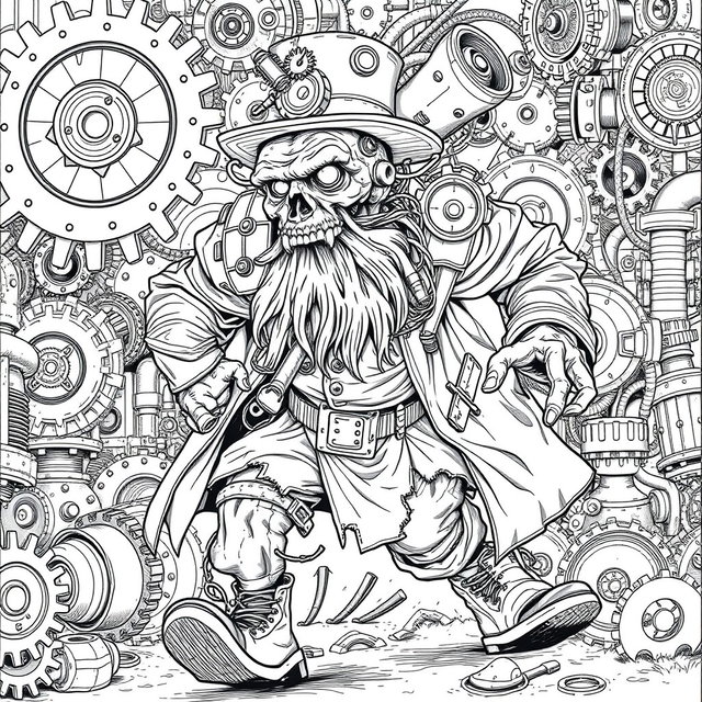A full-body grotesque steampunk monster old man in a dynamic running pose, depicted as intricate black and white line art for a coloring page