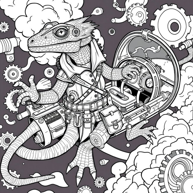 A full-body humanoid lizard creature piloting a flying steampunk machine, depicted in black and white line art for a coloring page