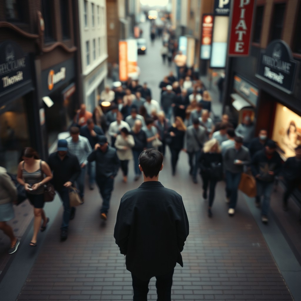 A cinematic overhead shot capturing a solitary figure standing still in the center of a bustling brick city sidewalk