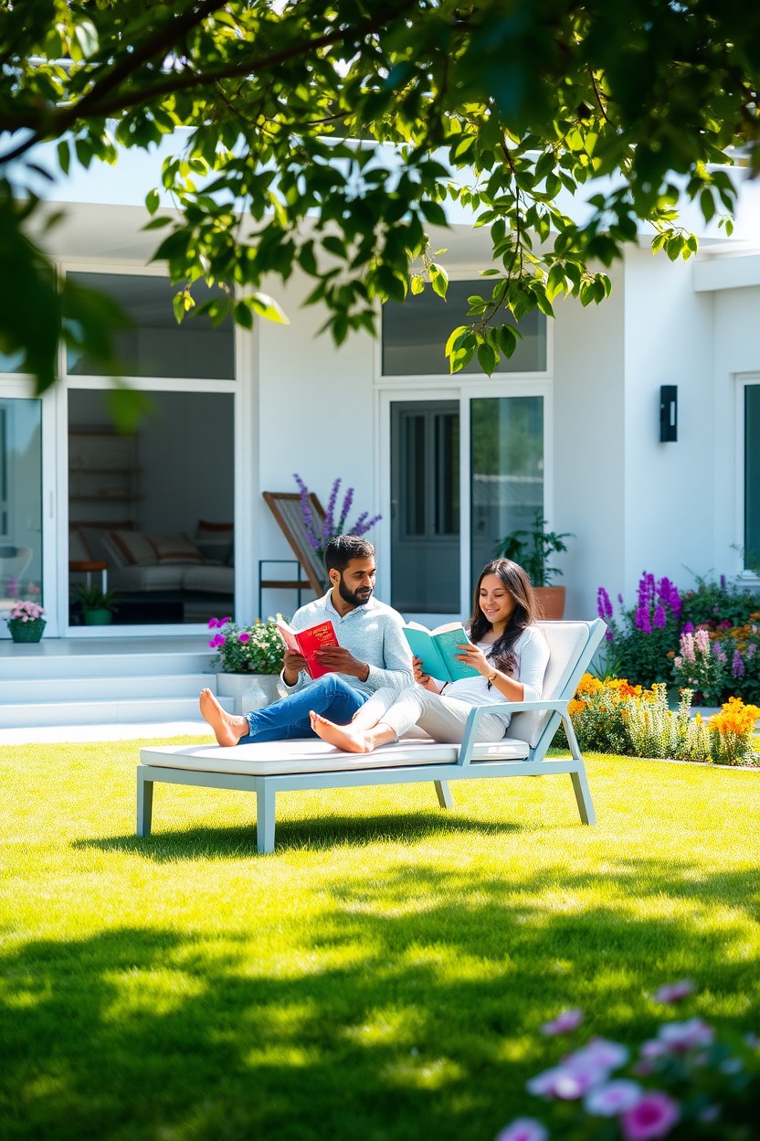 A modern white house with clean lines and large glass windows, surrounded by a beautifully landscaped yard filled with vibrant flowers and lush green grass