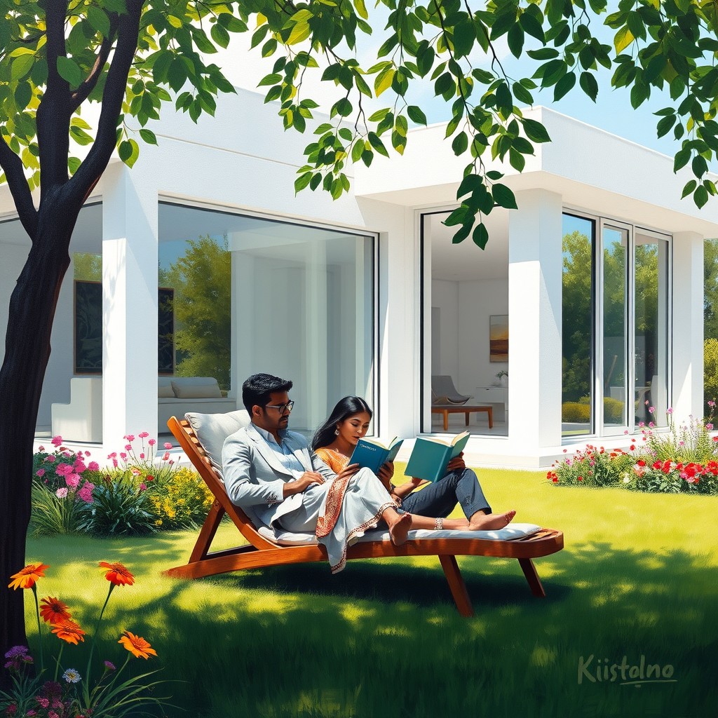 An oil painting of a modern white house with sleek architectural lines and expansive glass windows, set in a beautifully landscaped yard filled with colorful flowers and rich green grass