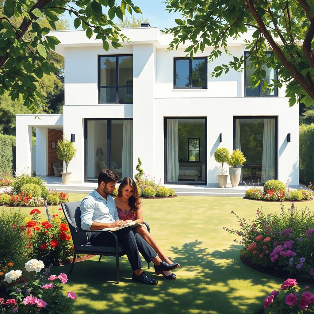 An oil painting depicting a modern white house with sleek architectural elements and large glass windows, set within an expansive and beautifully manicured yard adorned with a variety of colorful flowers and lush greenery