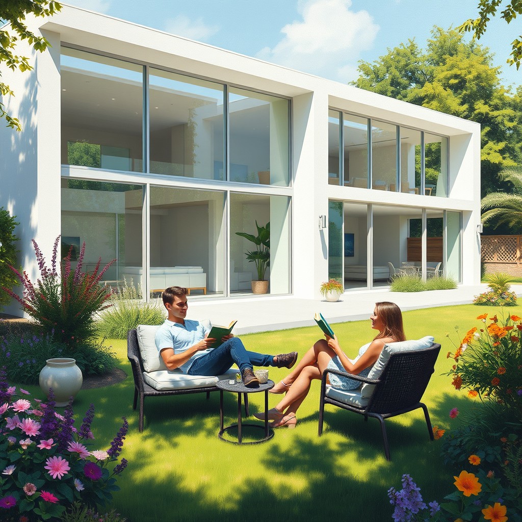 An oil painting showcasing a very modern white house characterized by sleek lines and expansive glass windows, beautifully integrated into a large, lush yard