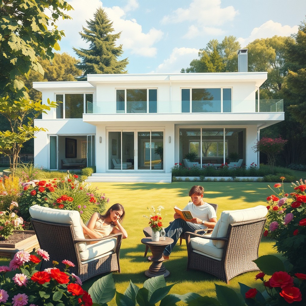 An oil painting illustrating a very modern white house, known for its sleek lines and large glass windows, situated on a spacious and beautifully landscaped yard filled with vibrant flowers and lush greenery