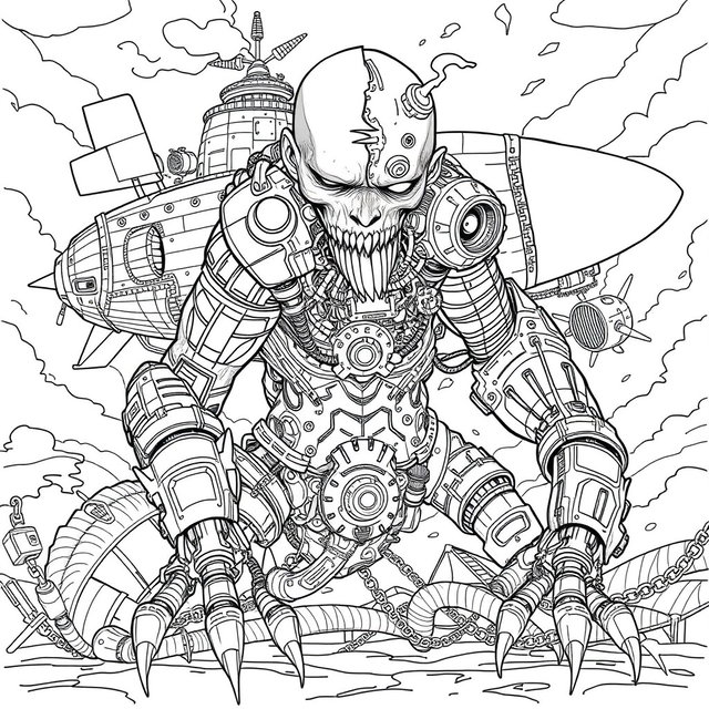 A black and white line art coloring page featuring a full-body steampunk monster posed dramatically
