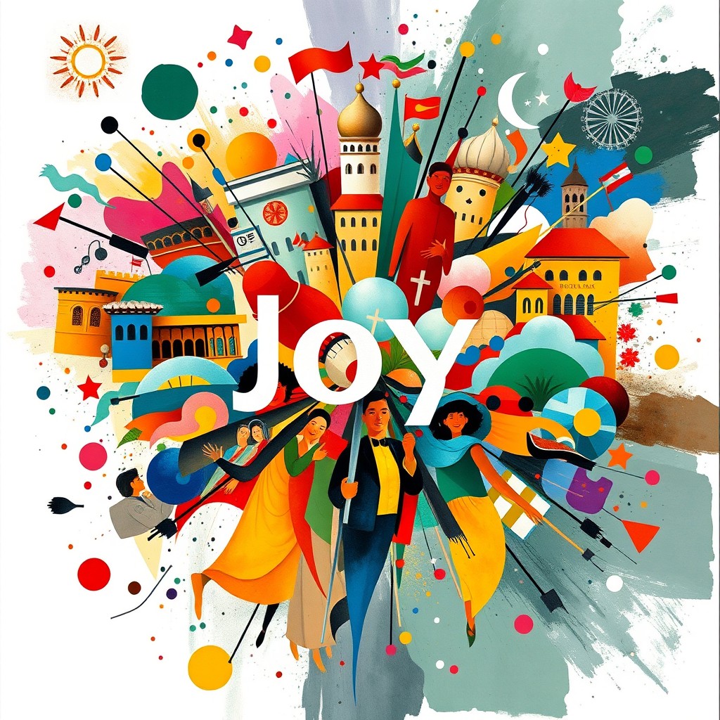 An abstract front cover design for a satirical drama book, encapsulating the themes of happiness, belonging, and serenity amidst a vivid clash of different cultures and social classes
