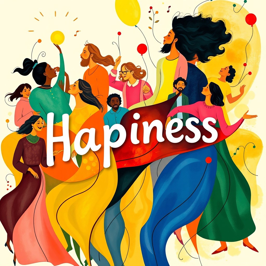 An abstract front cover design for a satirical drama book, representing the concepts of happiness, belonging, and serenity through the depiction of people from various social backgrounds