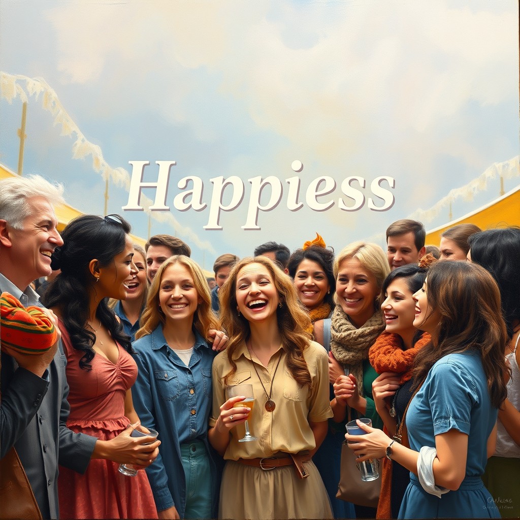 An oil painting front cover for a satirical drama book, vividly depicting the concepts of happiness, belonging, and serenity through a diverse group of people from different social classes converging in a single, harmonious space