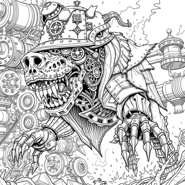 A highly detailed black and white line art coloring page showcasing a steampunk monster mechanical dog mid-leap, lunging forward with jaws wide open