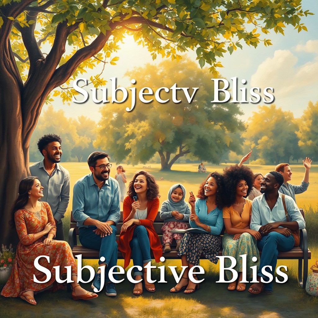 An oil painting front cover for a satirical drama book titled 'Subjective Bliss', illustrating the concepts of happiness, belonging, and serenity
