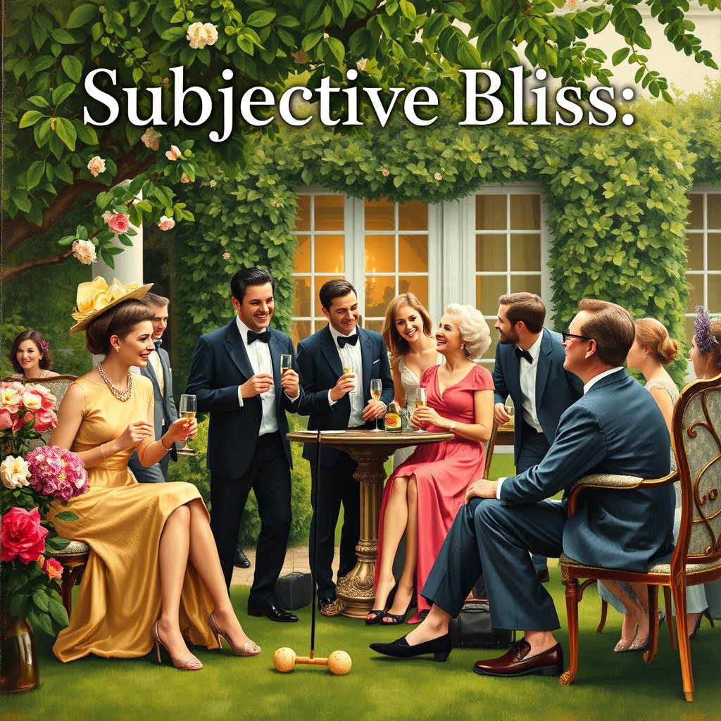 An oil painting front cover for a satirical drama book titled 'Subjective Bliss', illustrating the concepts of happiness, belonging, and serenity within a posh society