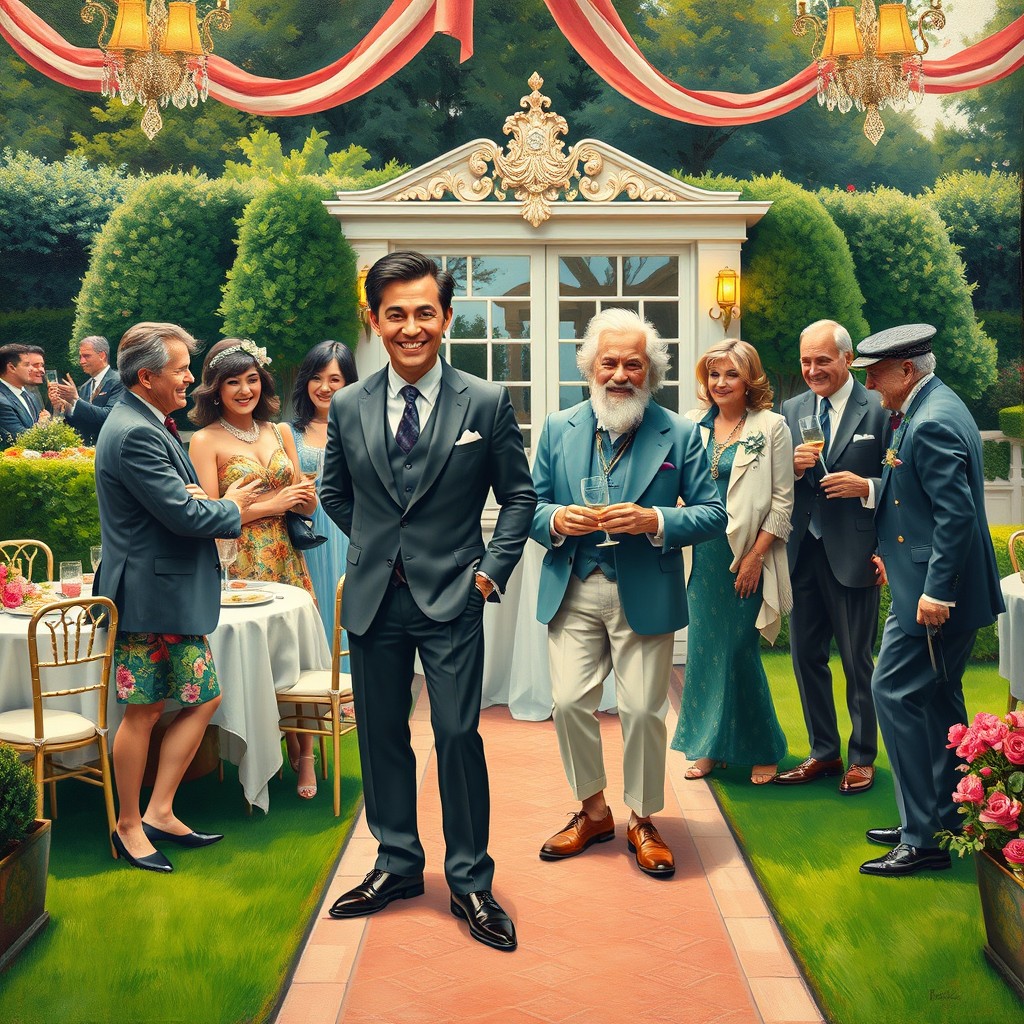 An oil painting front cover for a satirical drama novel, depicting the concepts of happiness, belonging, and serenity within a posh society