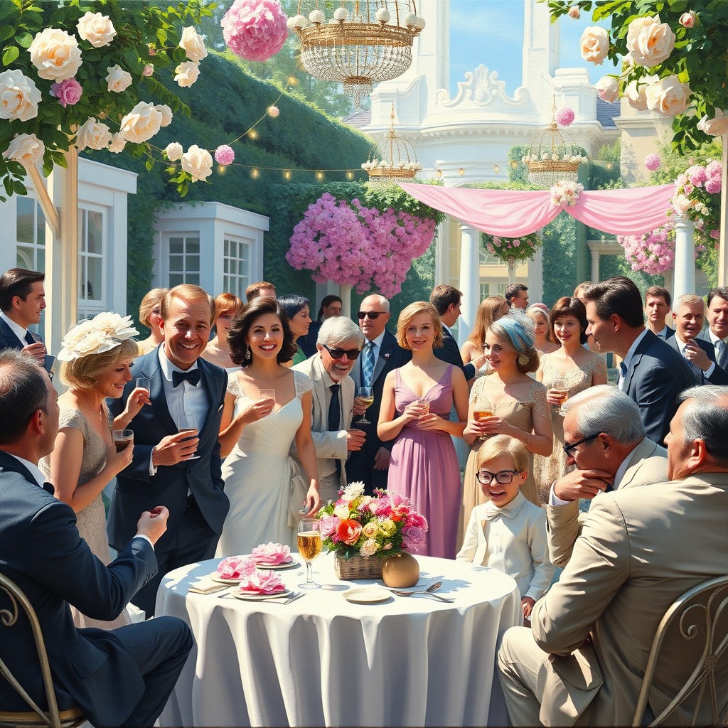 An oil painting front cover for a satirical drama novel, capturing the concepts of happiness, belonging, and serenity within a posh society