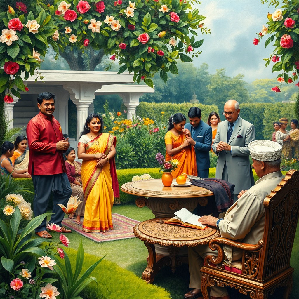 An oil painting front cover for a satirical drama novel, depicting the concepts of happiness, belonging, and serenity within a posh Indian society
