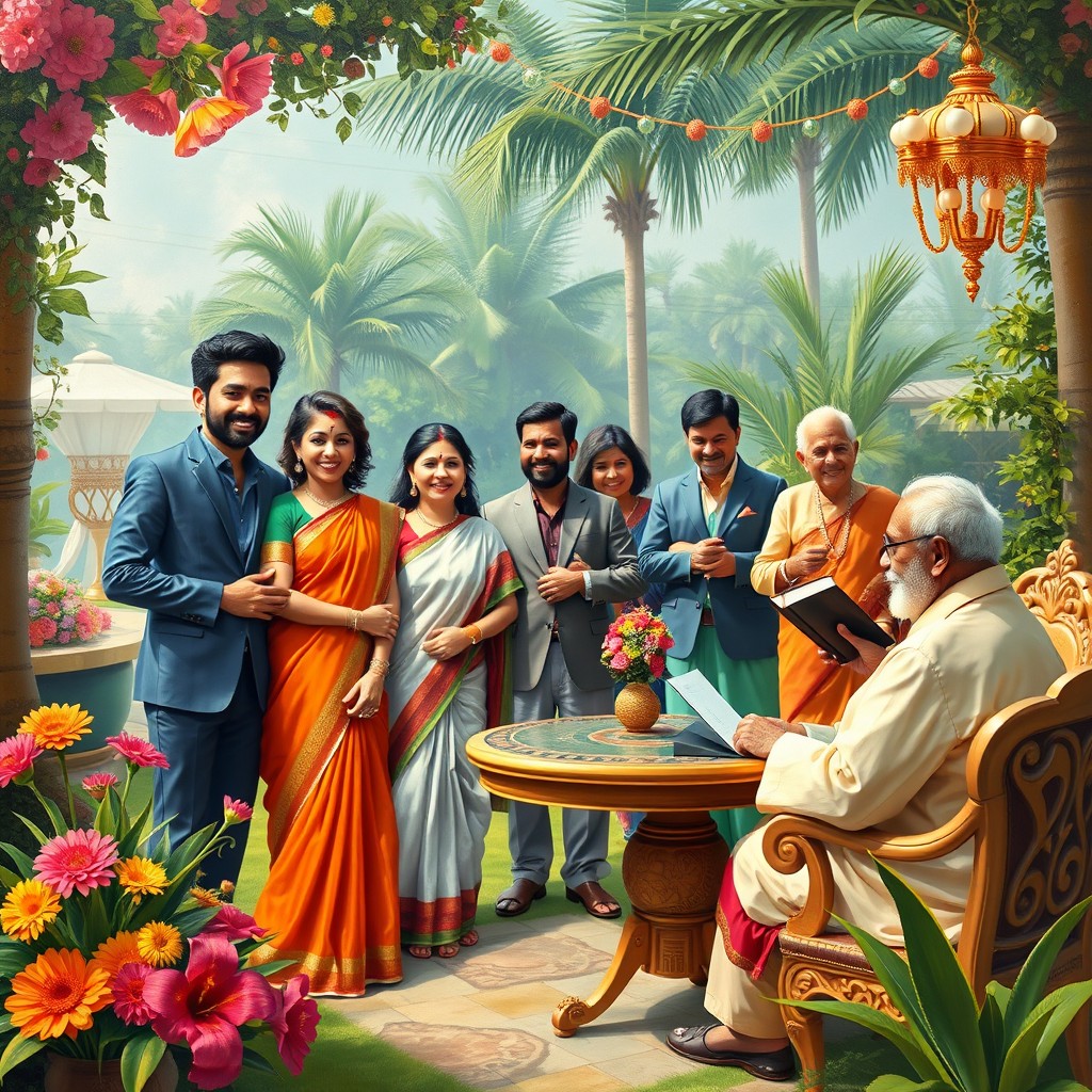 An oil painting front cover for a satirical drama novel, vividly illustrating the concepts of happiness, belonging, and serenity within a posh Indian society