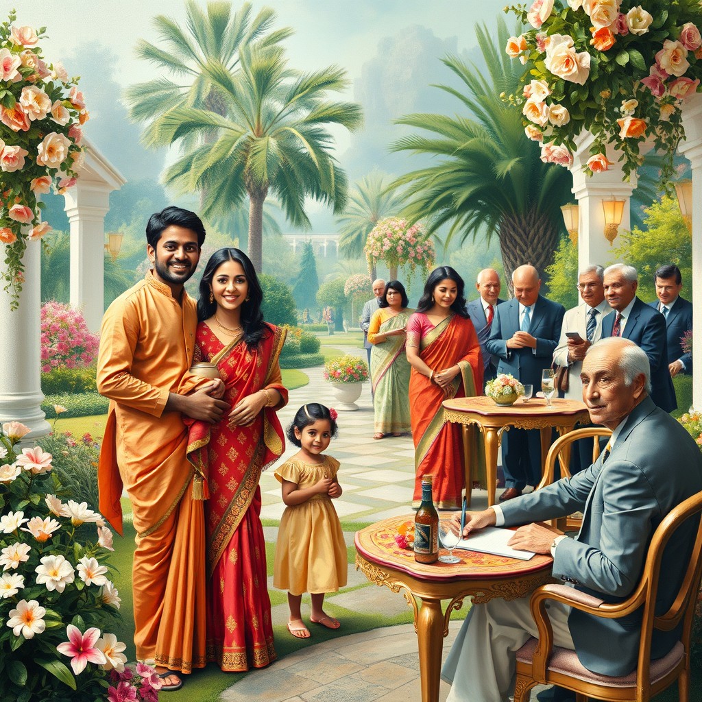 An oil painting front cover for a satirical drama novel, vividly illustrating the concepts of happiness, belonging, and serenity within a posh Indian society