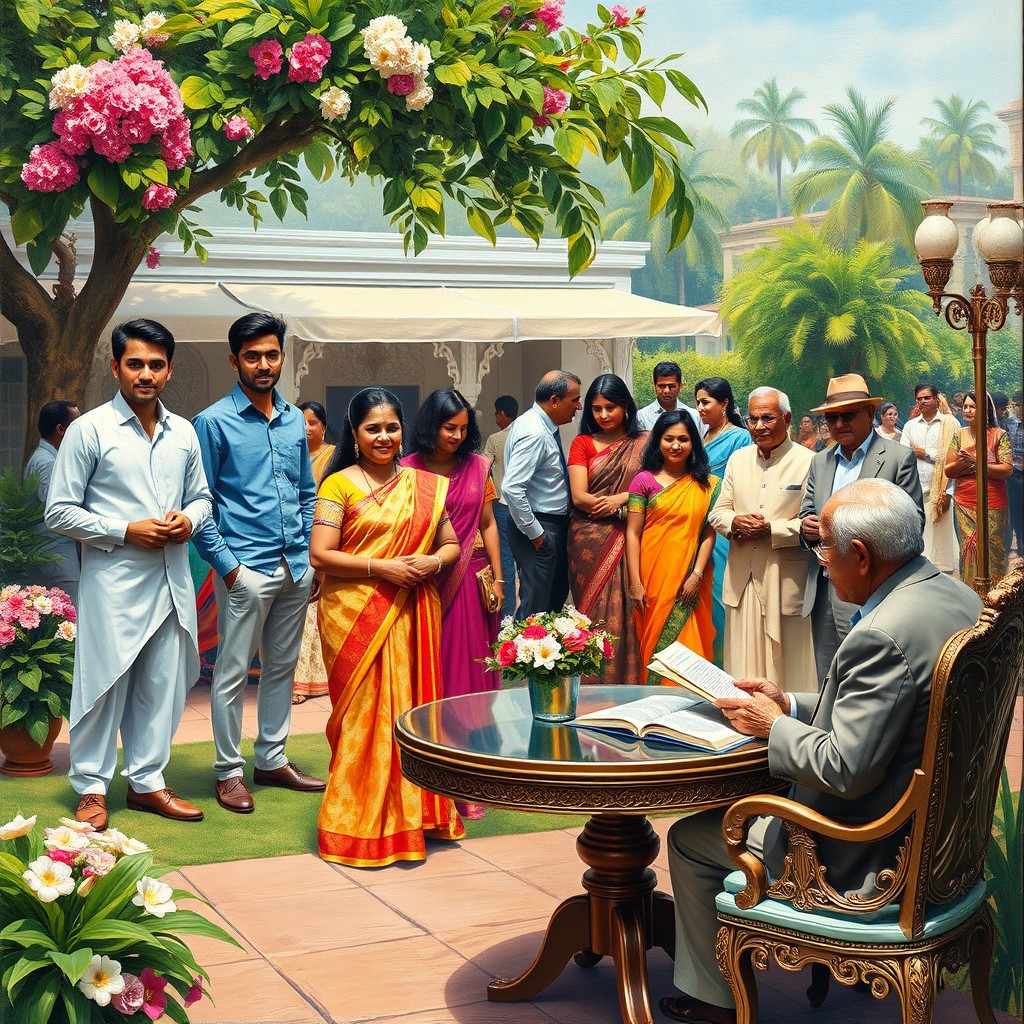 An oil painting front cover for a satirical drama novel, illustrating the themes of happiness, belonging, and serenity within a posh Indian society