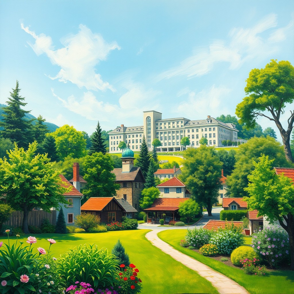 An oil painting front cover for a satirical drama novel, capturing the picturesque and lush village of Dehene/Dehna, renowned for its scenic beauty