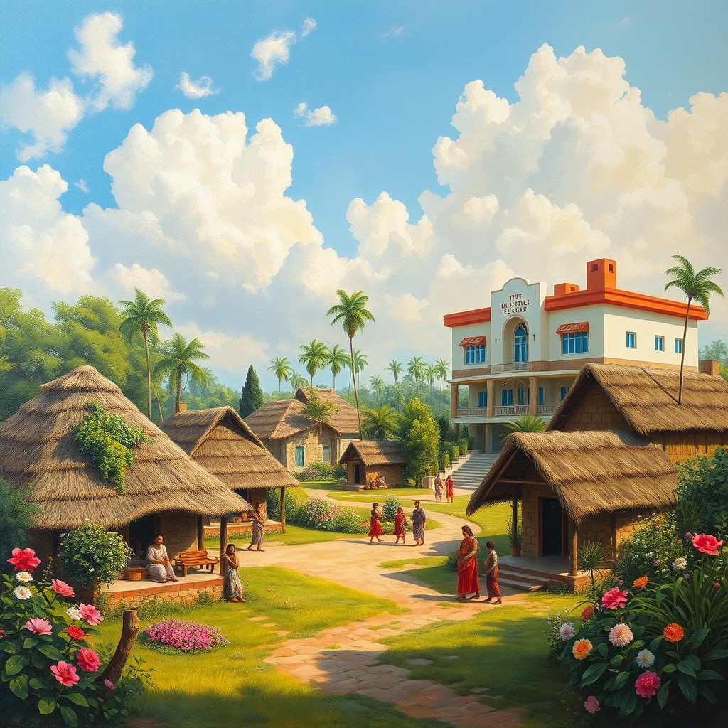 An oil painting front cover for a satirical drama novel, depicting a beautiful and lush village in India, where people live in charming small hut-like shelters constructed from natural materials