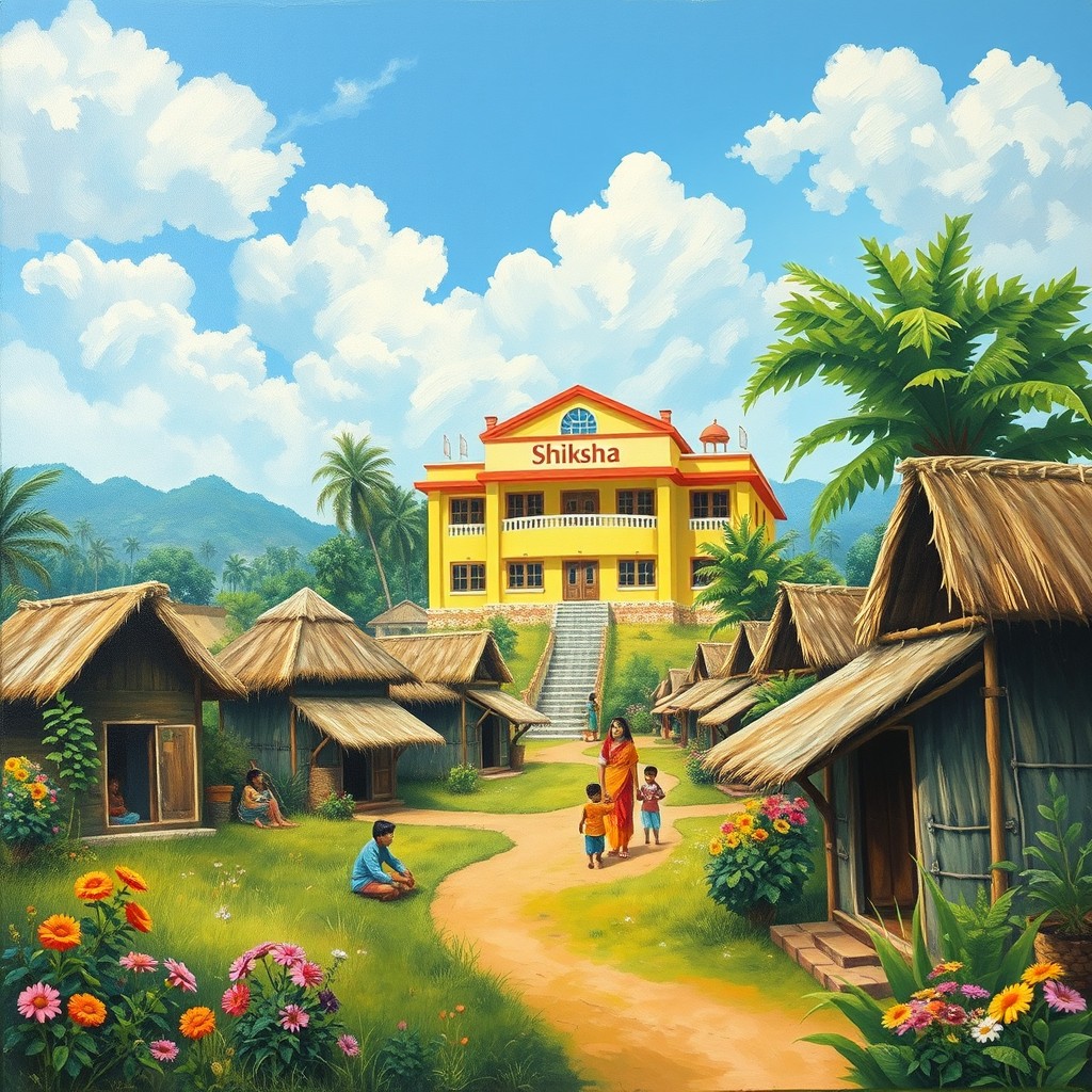 An oil painting front cover for a satirical drama novel, showcasing a beautiful and lush village in India, characterized by charming small hut-like shelters made from natural materials