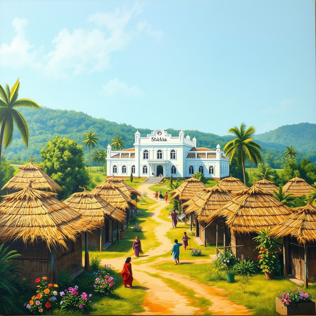 An oil painting front cover for a satirical drama novel, depicting a stunning and lush village in India, characterized by small hut-like shelters made of natural materials that blend harmoniously with the environment
