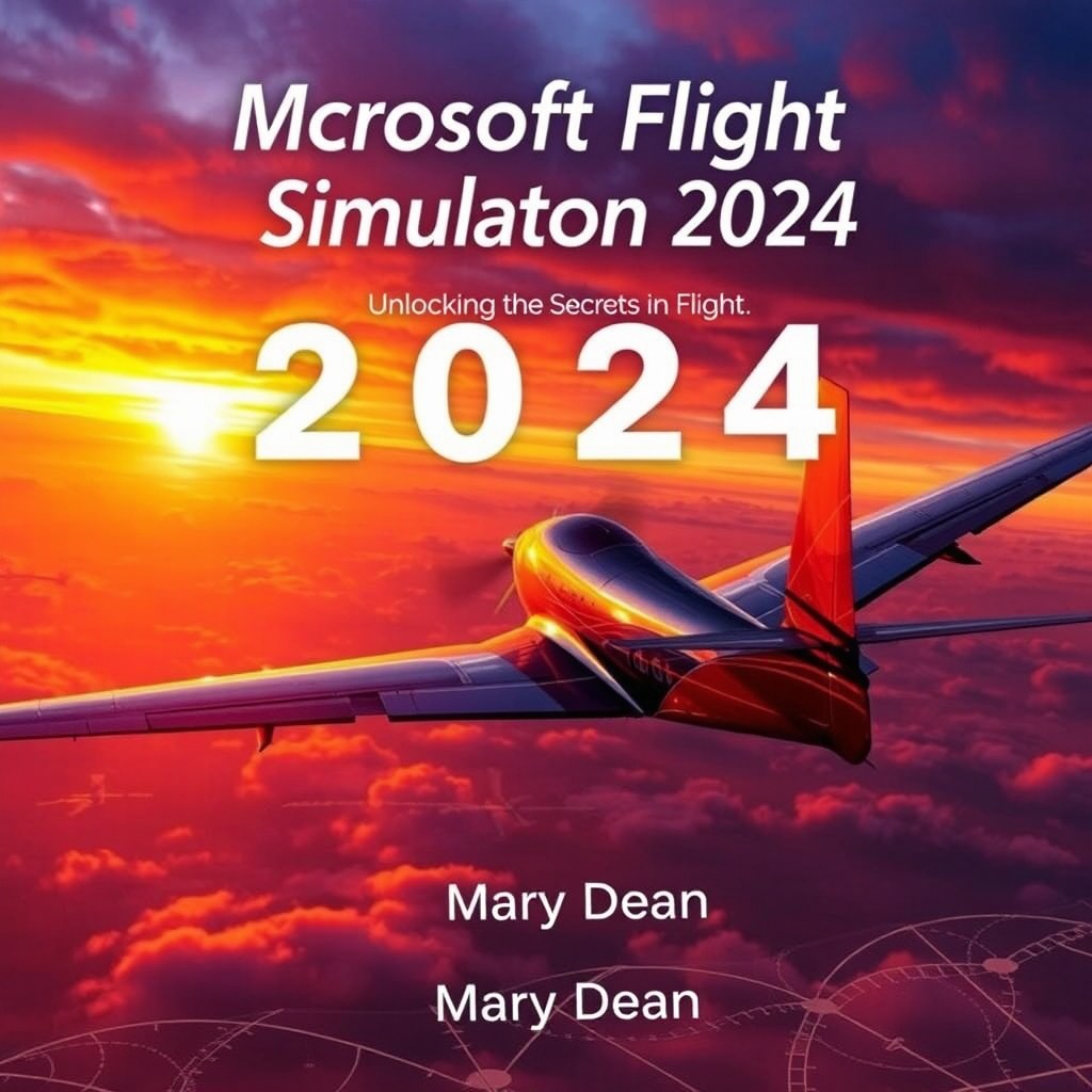 A visually captivating guidebook cover titled 'Microsoft Flight Simulation 2024 Guidebook' by Mary Dean, featuring an aircraft in flight against a breathtaking sunset sky filled with vivid oranges and purples