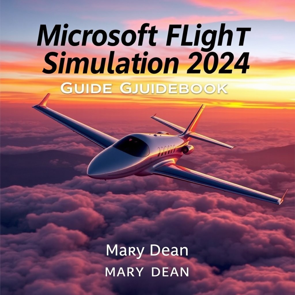 An engaging guidebook cover for 'Microsoft Flight Simulation 2024 Guidebook' by Mary Dean, featuring a striking image of a sleek modern aircraft navigating through a stunning sunset sky with hues of orange, pink, and purple