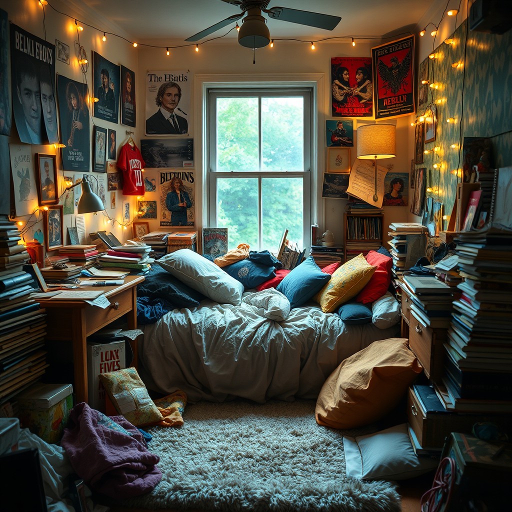 A cluttered bedroom scene showcasing a variety of personal items and decor