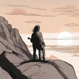 A meticulously drawn image of a side-profile girl on a rocky cliff at sunset, being observed by a man from a distance, a guitar resting on his shoulder.