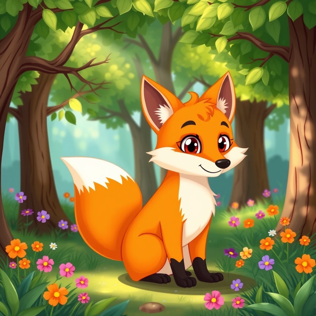 A charming and whimsical illustration of a fox in a cartoonish style, showcasing the fox with bright orange fur, fluffy white tail, and large expressive eyes