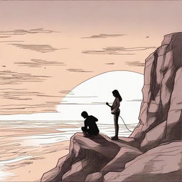 A meticulously drawn image of a side-profile girl on a rocky cliff at sunset, being observed by a man from a distance, a guitar resting on his shoulder.