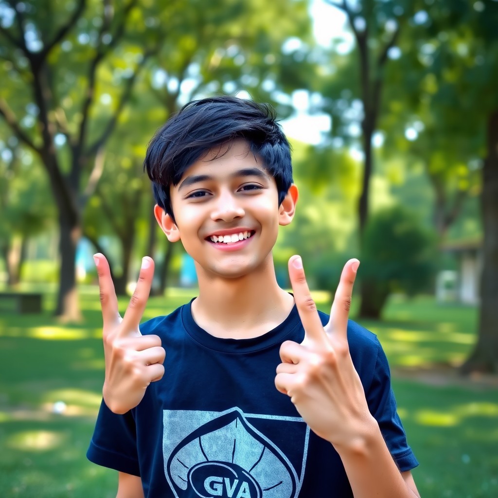 A 16-year-old Persian boy with short black hair, smiling brightly while showing the number 3 with his fingers