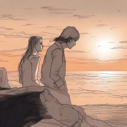 A meticulously drawn image of a side-profile girl on a rocky cliff at sunset, being observed by a man from a distance, a guitar resting on his shoulder.