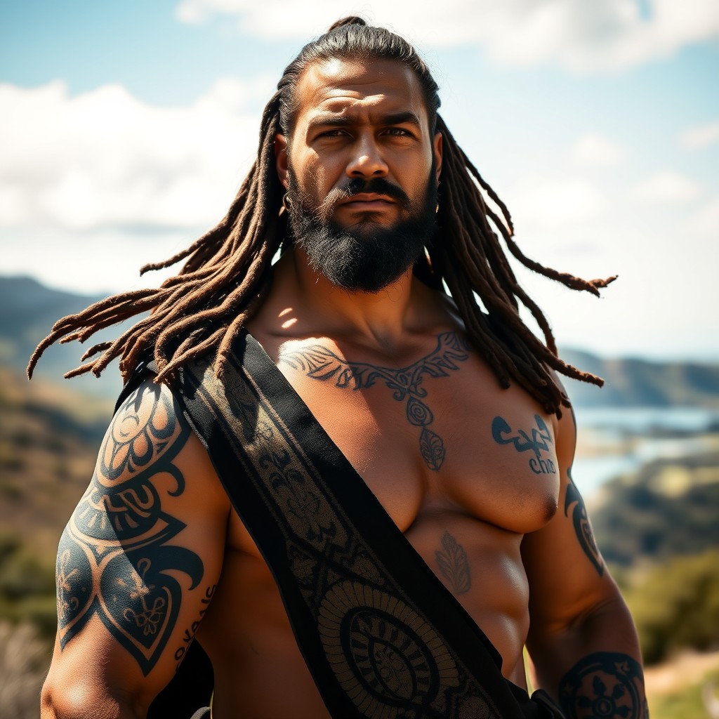 Portrait of a strong Māori man embracing his heritage, adorned with traditional Māori tattoos (ta moko), wearing a culturally significant cloak, with intricate patterns that represent his ancestors