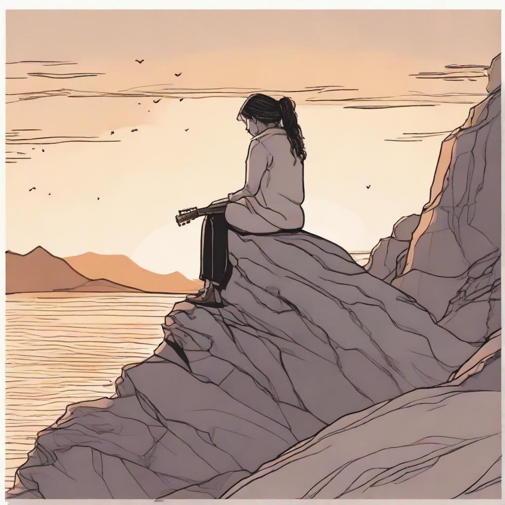 A meticulously drawn image of a side-profile girl on a rocky cliff at sunset, being observed by a man from a distance, a guitar resting on his shoulder.