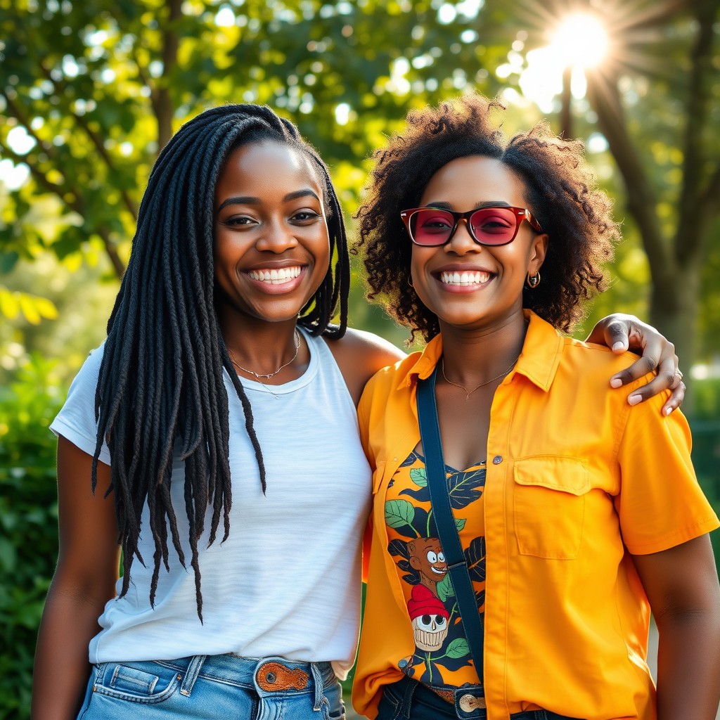 A joyful scene featuring a black woman and a white woman both smiling and showcasing their unique styles