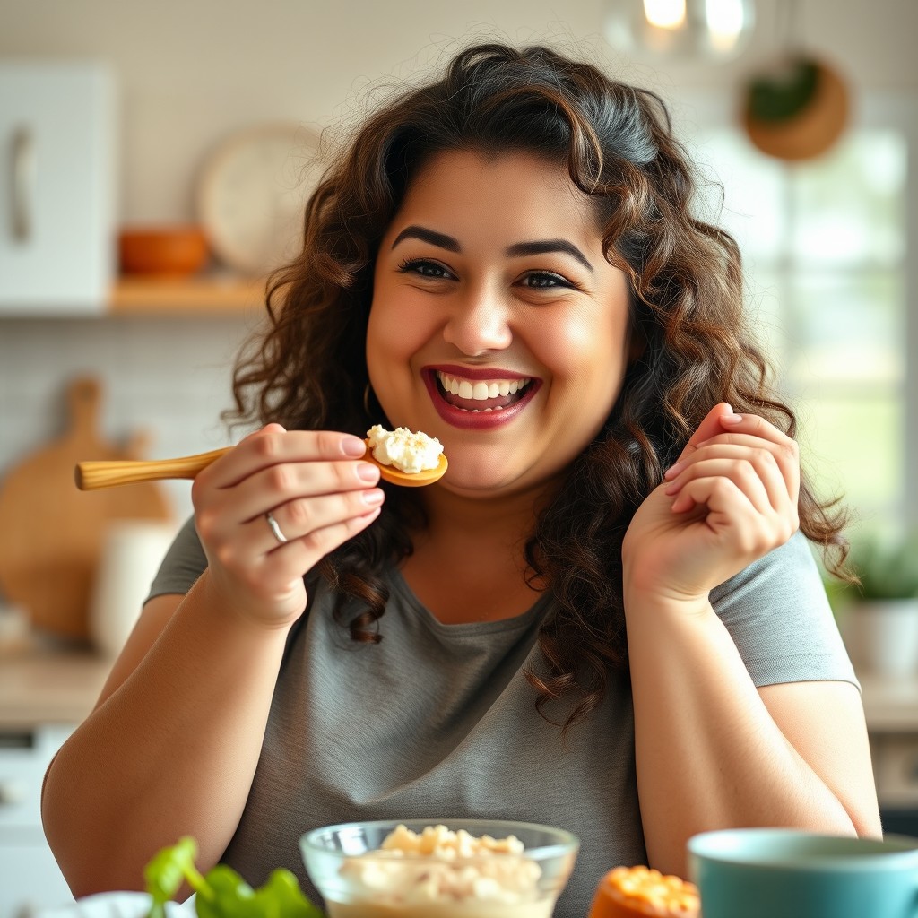 A curvy adult woman, embodying a confident and nurturing maternal aura, playfully engaging in a light-hearted and whimsical moment